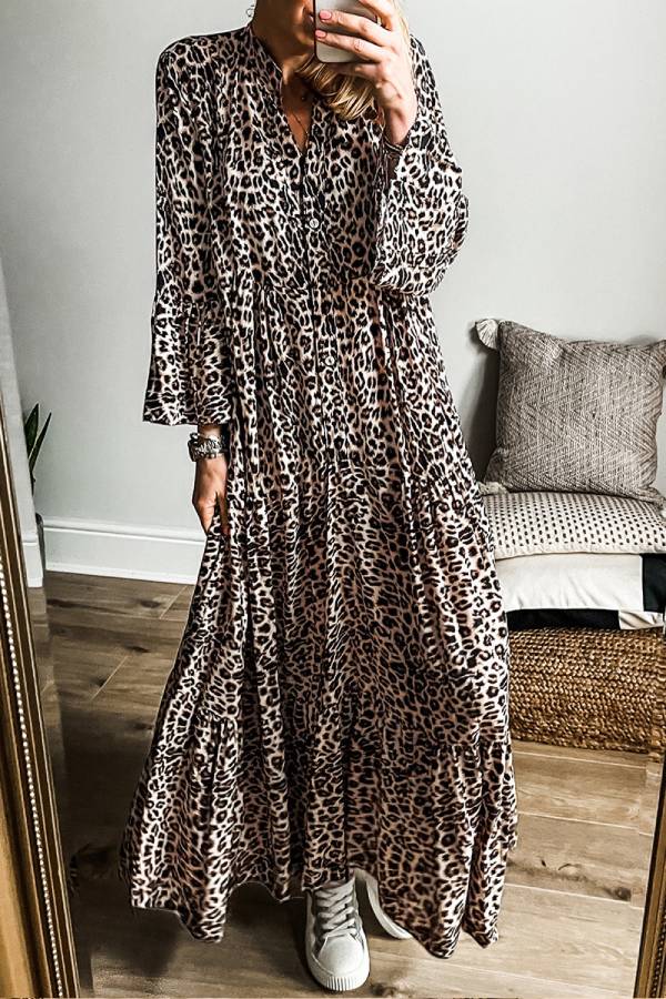 CD | Rochie maxi cu dungi și mâneci largi, cu imprimeu leopard, caise
