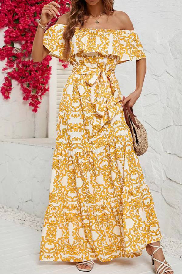 CD | Rochie maxi cu mâneci scurte, fără umeri, cu model cu volane