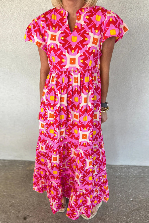 CD | Strawberry Pink Rochie maxi plisată cu mâneci bufante, cu imprimeu abstract
