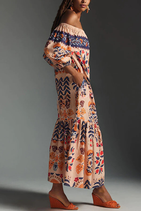 CD | Island Lover Rochie midi imprimată, fluidă, fără umeri
