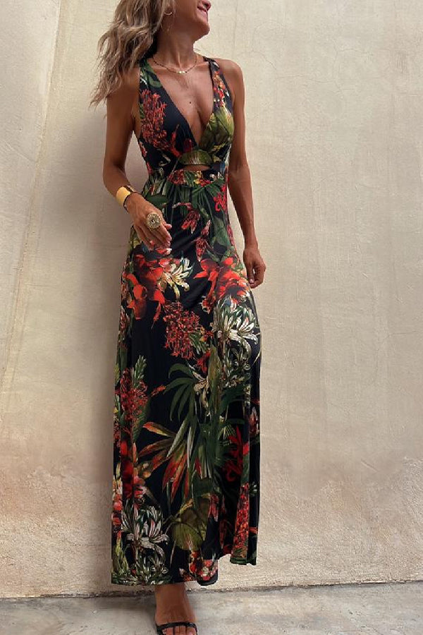 CD | RAINFOREST PARADISE TROPICAL PRINT DECOLTEU SPATE CROSSOVER STRETCH ROCHIE MAXI