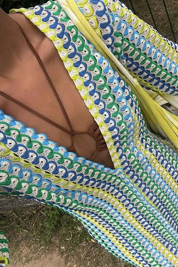 CD | Bondi plaja tricot colorat val de imprimare cu mânecă lungă de vacanță rochie maxi