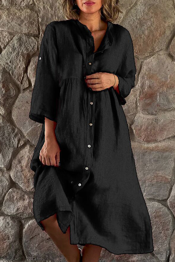 CD | bumbac lenjerie culoare solidă casual stand guler buton rochie lungă