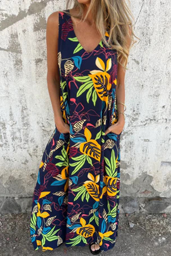 CD | Botanical Print V-neck sac vrac casual rochie maxi