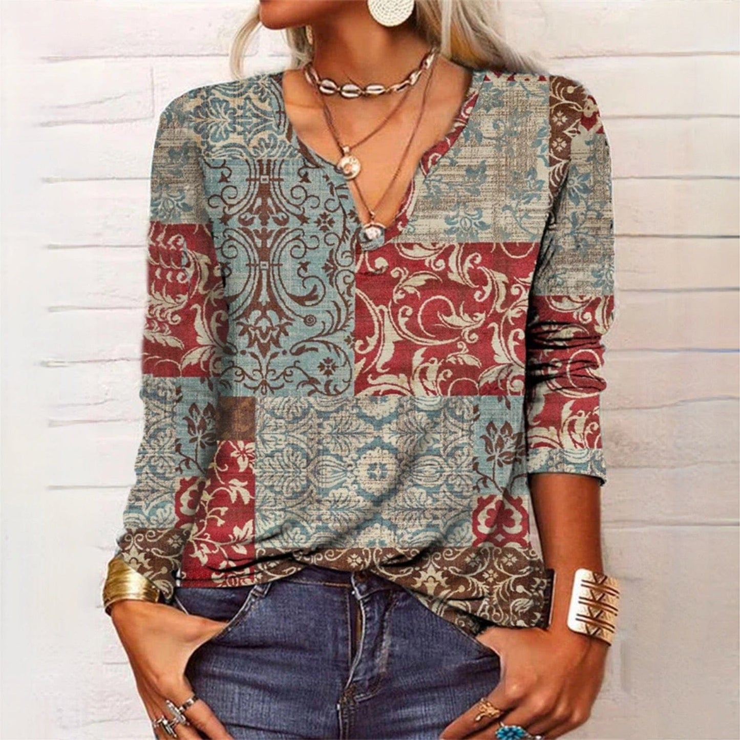 CD | bluză cu mânecă lungă cu imprimeu boho patchwork