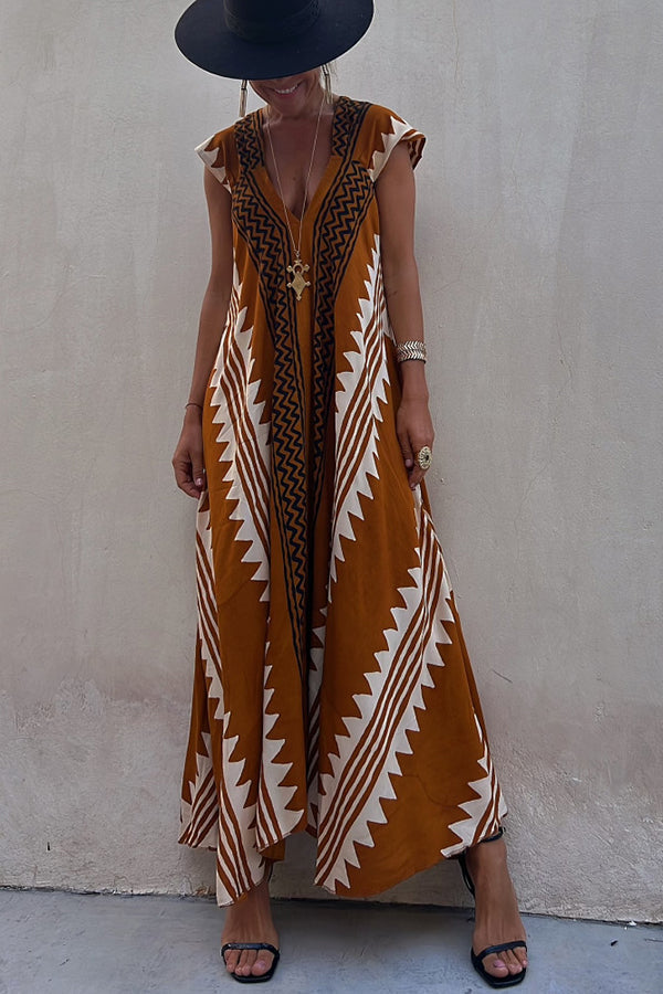 CD | Beach date Ethno print rochie maxi în A-line