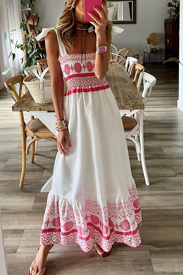 CD | Malibu Villa Rochie maxi imprimată etnic cu umeri smocked