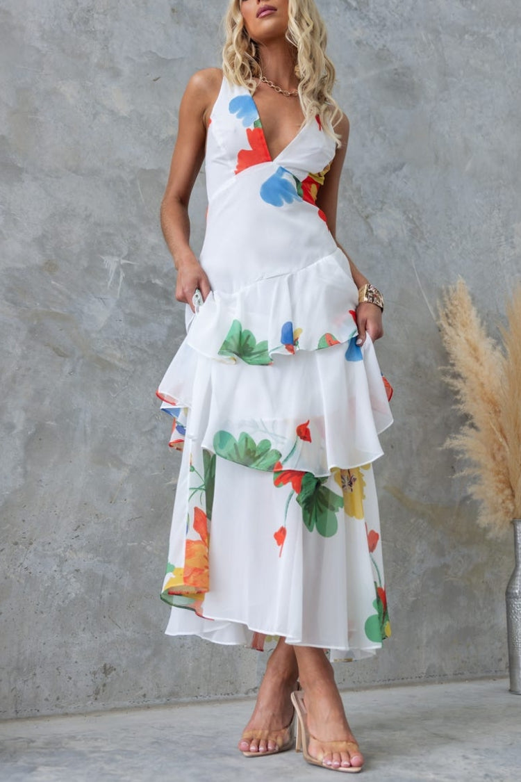 CD | REFRESHING FLORALE IMPRIMARE SPATE DANTELĂ-UP MULTI-TEIR RUFFLE TIV ROCHIE MAXI