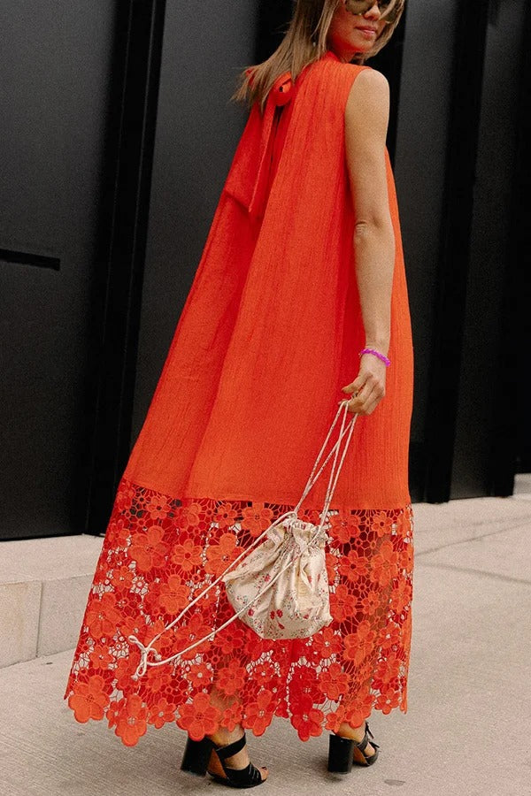 CD | Breezy Comfort cravată decolteu rochie maxi fără mâneci cu tiv dantelă florale