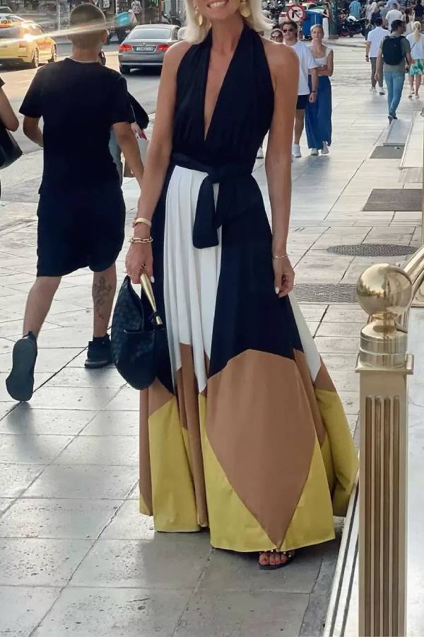 CD | Colorblock Lace-up Backless Sexy rochie lungă Swing