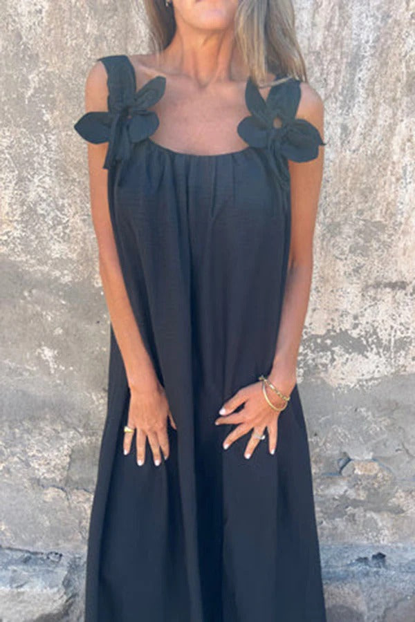 CD | Rochie Maxi solidă cu ornamente florale, fără mâneci, lejeră
