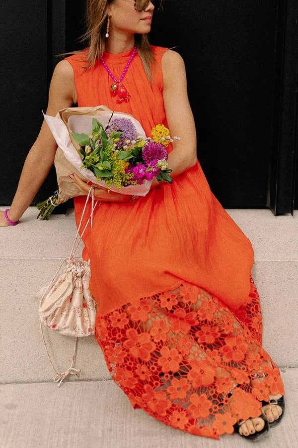 CD | Breezy Comfort cravată decolteu rochie maxi fără mâneci cu tiv dantelă florale