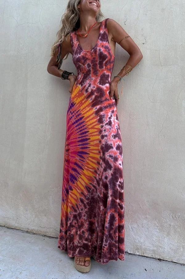 CD | Boho Happiness Rochie maxi extensibilă cu dantelă la spate și imprimeu Tie-dye (cu sutien integrat)