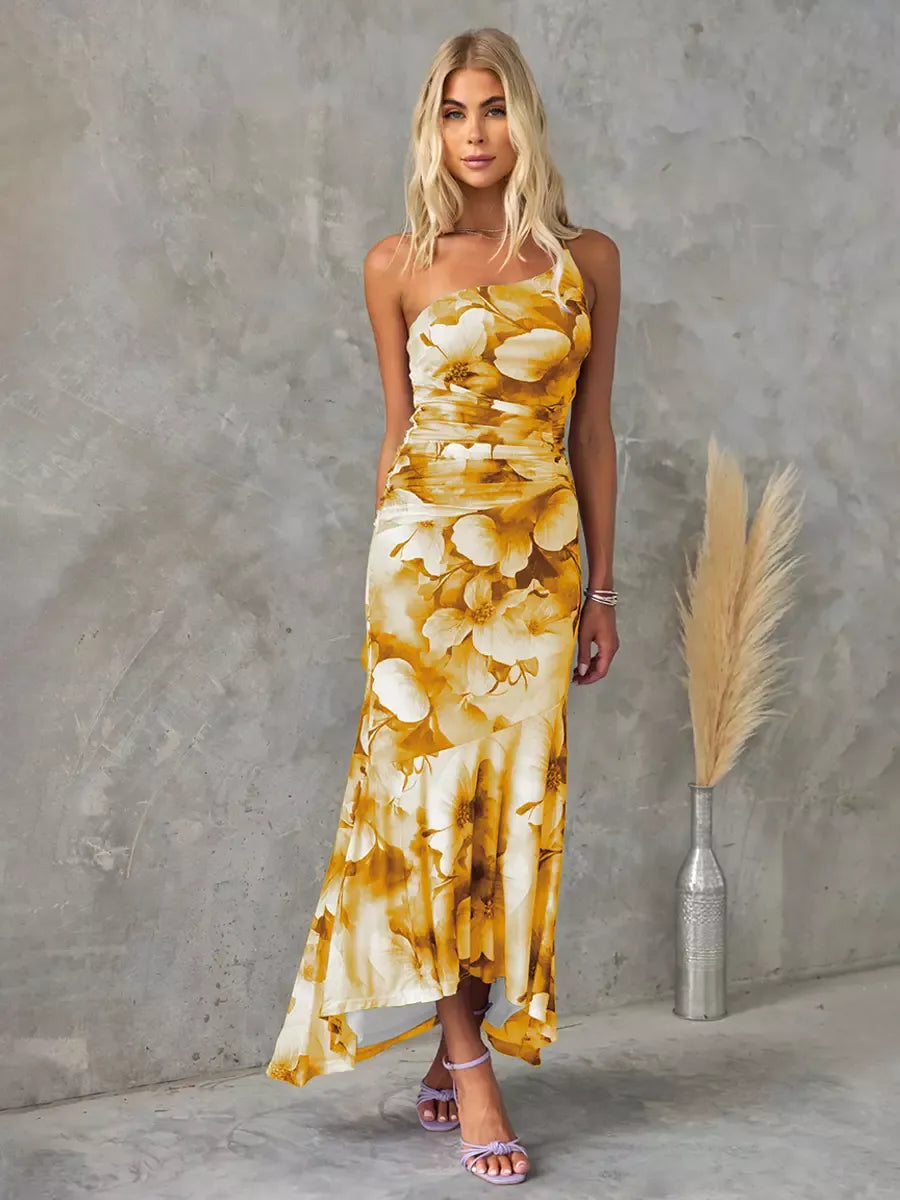 CD | Rochie lungă pentru femei - un umăr - model floral - talie adunată - amestec respirabil