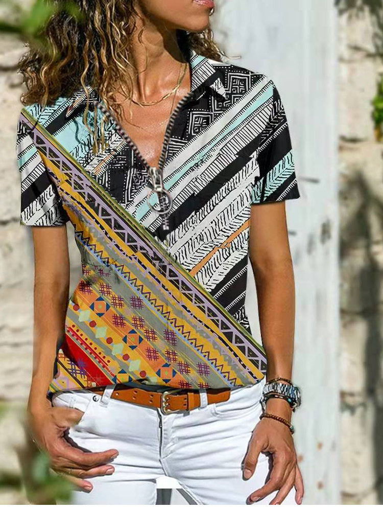 CD | Bohemian West Etnic Zip Top tricou cu maneca scurta