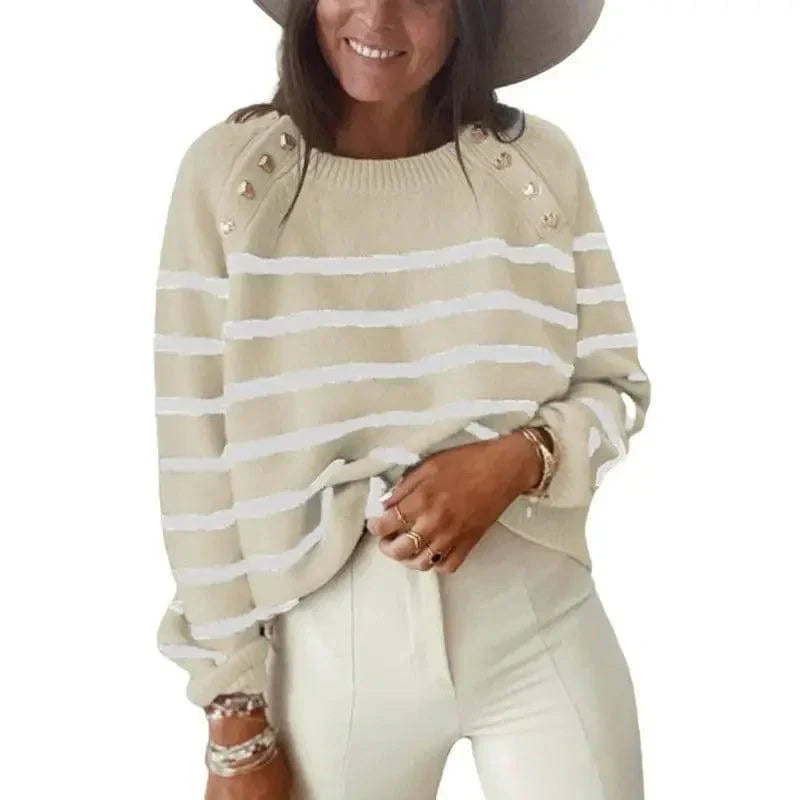Striped Sweater Pullover Shoulder Button Sweater Women-5