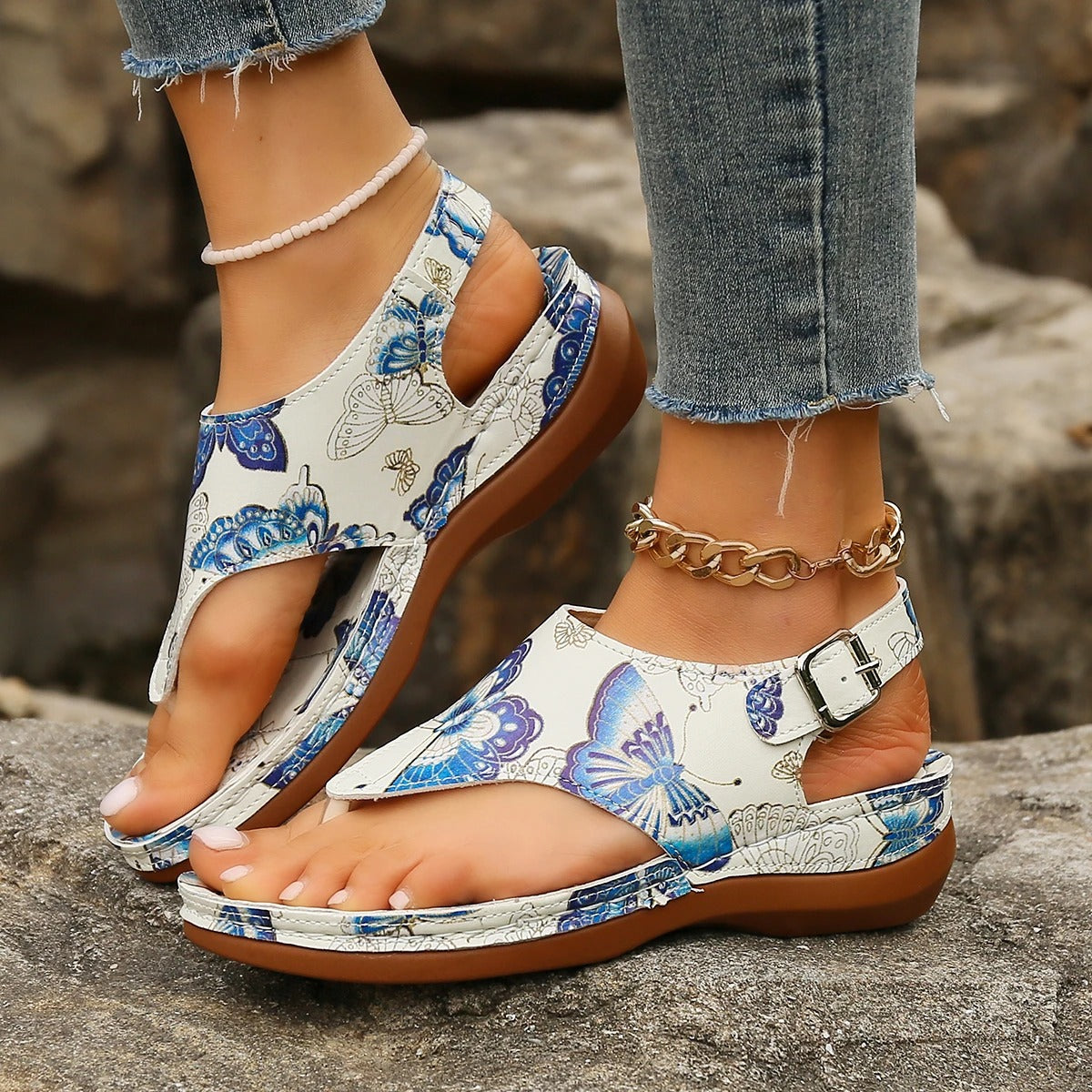 CD | Sandale boho cu model floral și curea la vârf