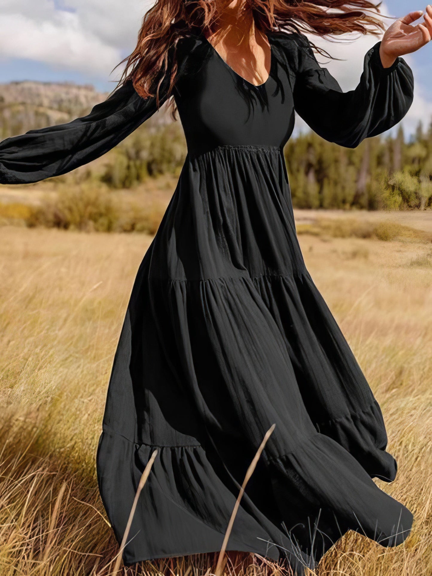 CD Temperament V-Neck Long Sleeve Flowing Dress