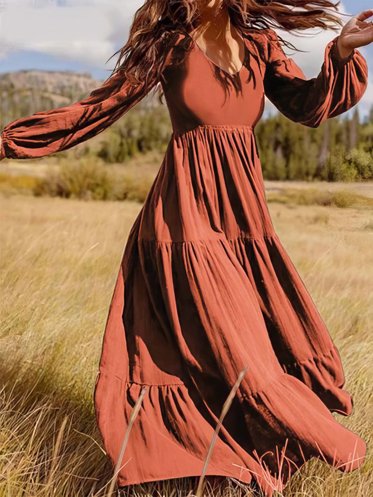 CD Temperament V-Neck Long Sleeve Flowing Dress