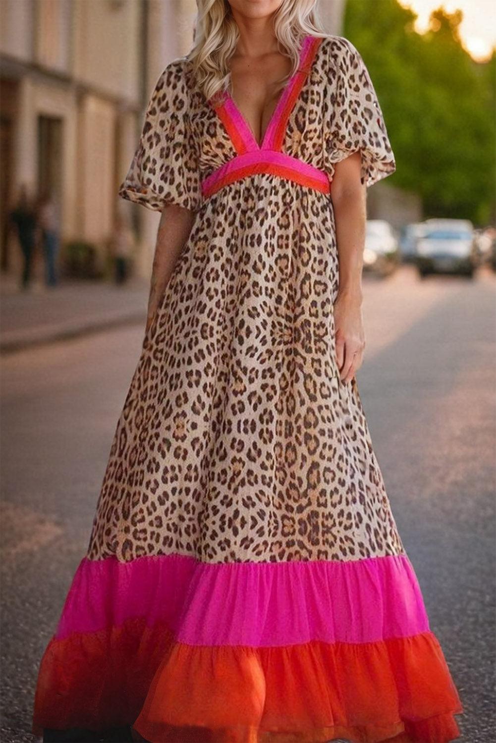 CD | Rochie maxi cu imprimeu leopard și mâneci bufante pentru femei