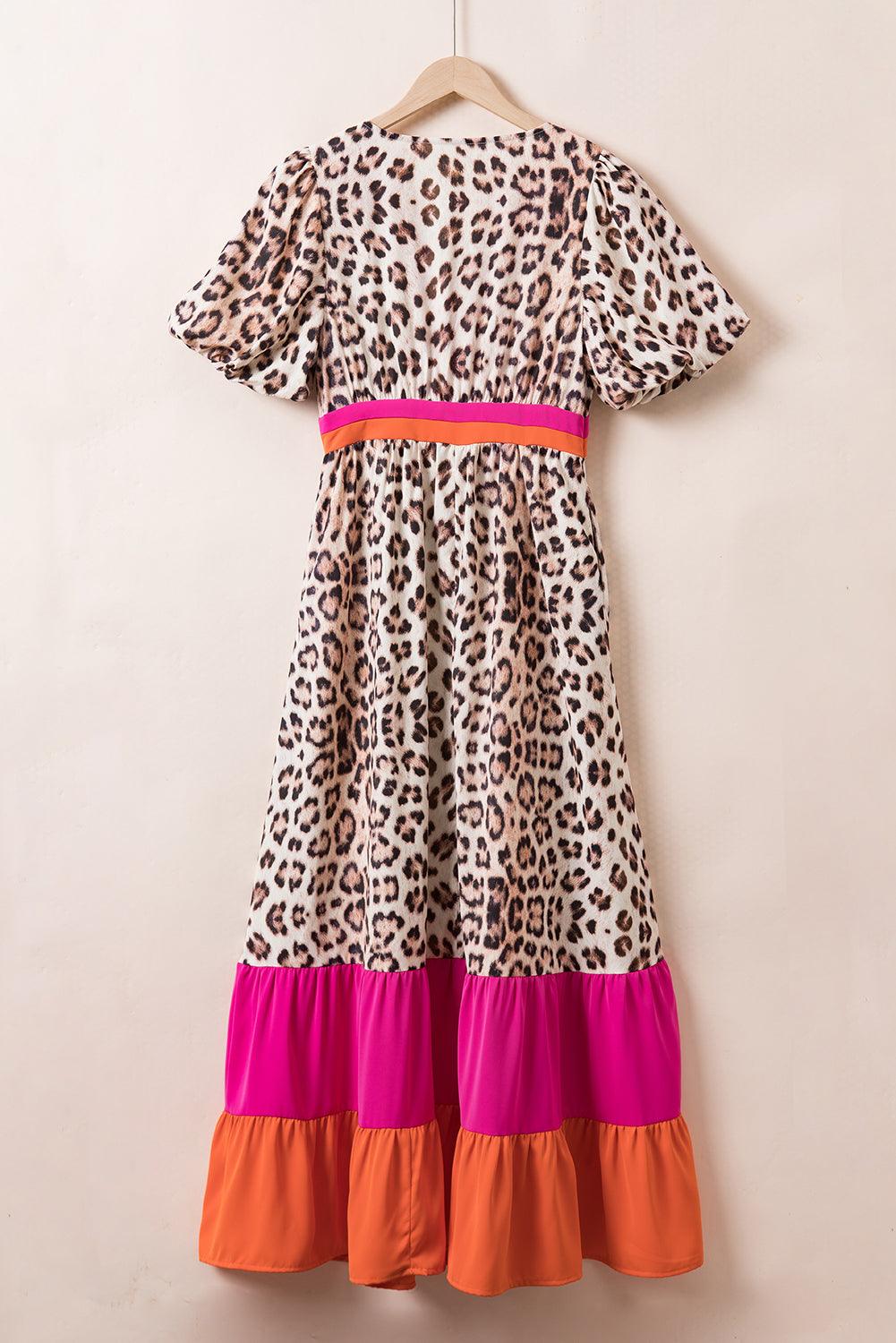CD | Rochie maxi cu imprimeu leopard și mâneci bufante pentru femei