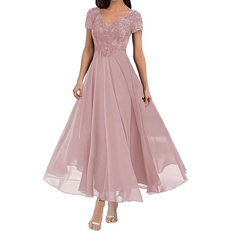CD | Rochie maxi pentru femei - corset din dantelă - decolteu în V - mâneci scurte - fustă fluidă - ținută formală