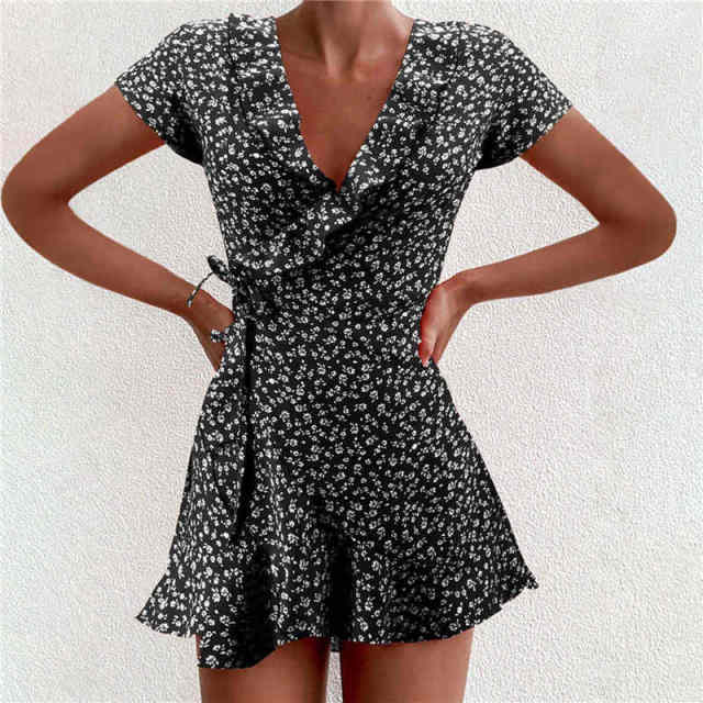 CD | Ladies Dress Boho Floral Ruffle scurt Mini rochie