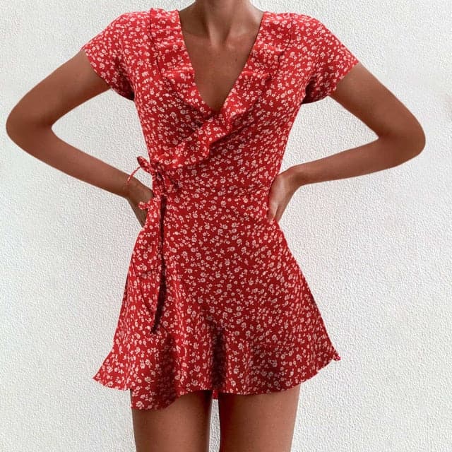 CD | Ladies Dress Boho Floral Ruffle scurt Mini rochie