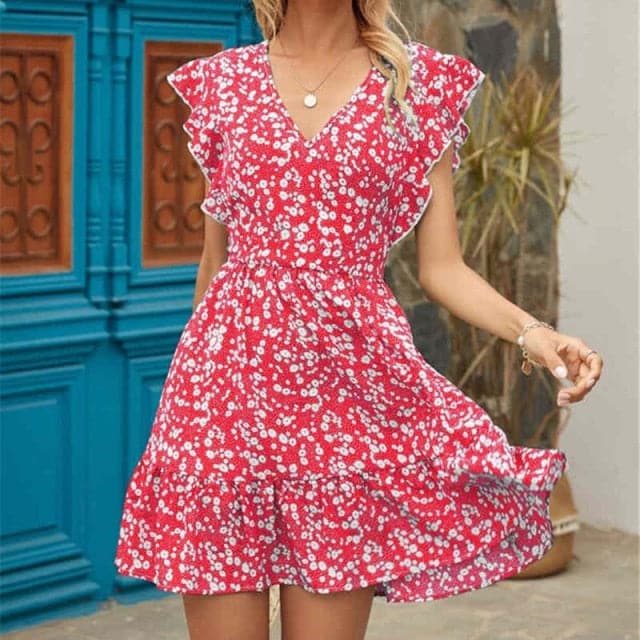CD | Ladies Dress Boho Floral Ruffle scurt Mini rochie