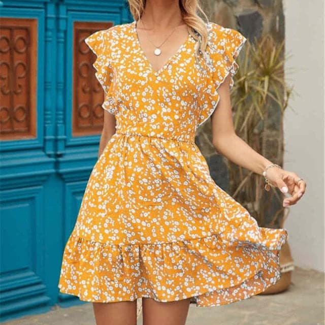 CD | Ladies Dress Boho Floral Ruffle scurt Mini rochie