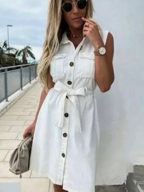 CD | femei de epocă față buton sash strat rochie de partid fără mâneci rândul său, în jos guler casual mini rochie de vară moda rochie nouă
