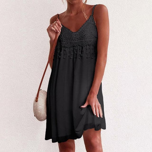 CD | V-neck, bretele deschise, dantelă albă, fără mâneci, liber, elegant, rochie mini