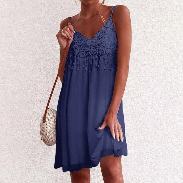 CD | V-neck, bretele deschise, dantelă albă, fără mâneci, liber, elegant, rochie mini
