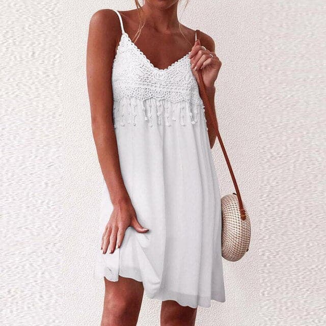 CD | V-neck, bretele deschise, dantelă albă, fără mâneci, liber, elegant, rochie mini