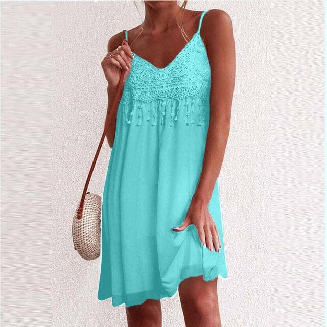 CD | V-neck, bretele deschise, dantelă albă, fără mâneci, liber, elegant, rochie mini