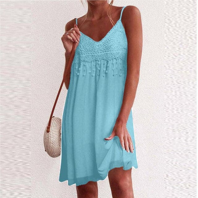 CD | V-neck, bretele deschise, dantelă albă, fără mâneci, liber, elegant, rochie mini