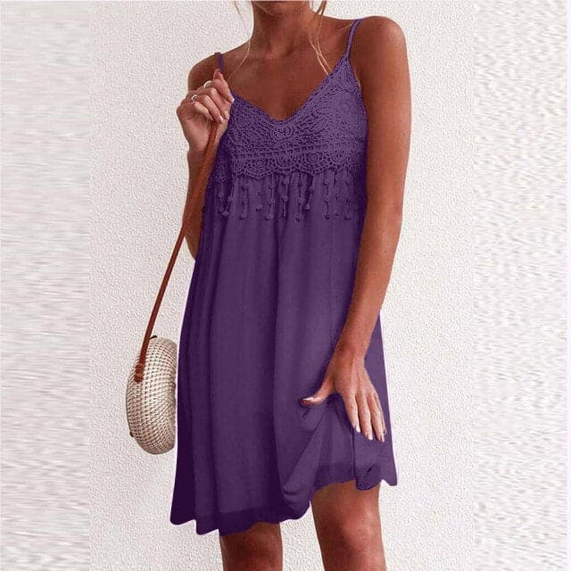 CD | V-neck, bretele deschise, dantelă albă, fără mâneci, liber, elegant, rochie mini
