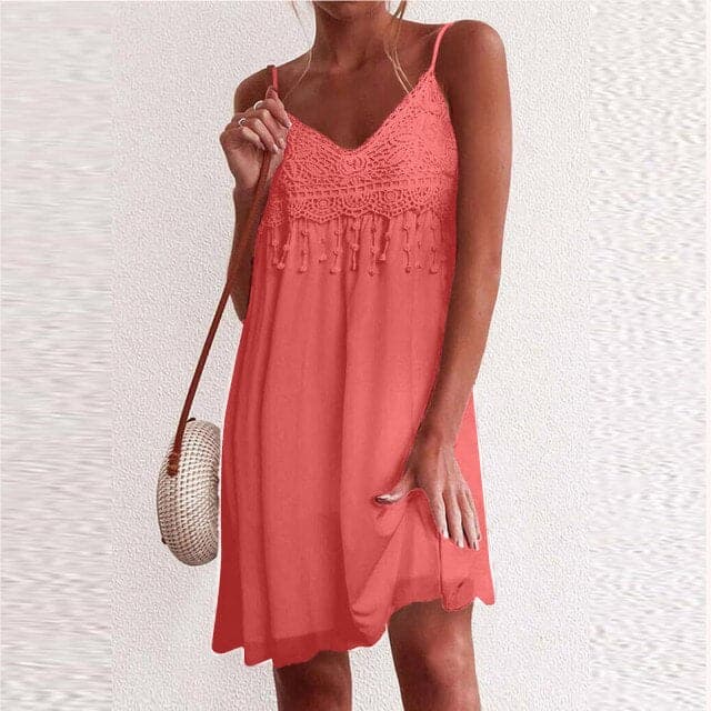 CD | V-neck, bretele deschise, dantelă albă, fără mâneci, liber, elegant, rochie mini