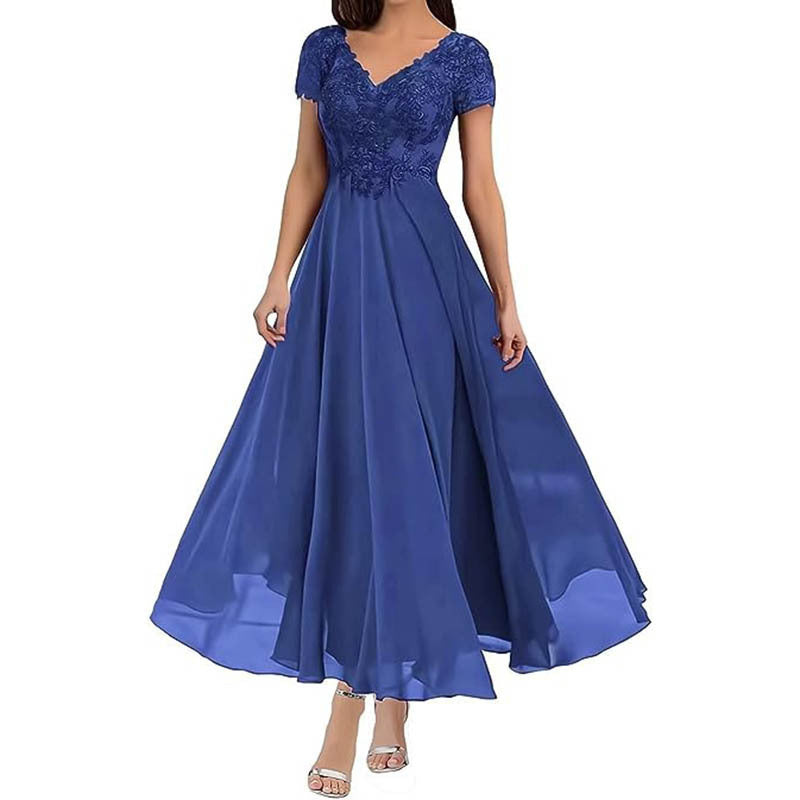 CD | Rochie maxi pentru femei - corset din dantelă - decolteu în V - mâneci scurte - fustă fluidă - ținută formală