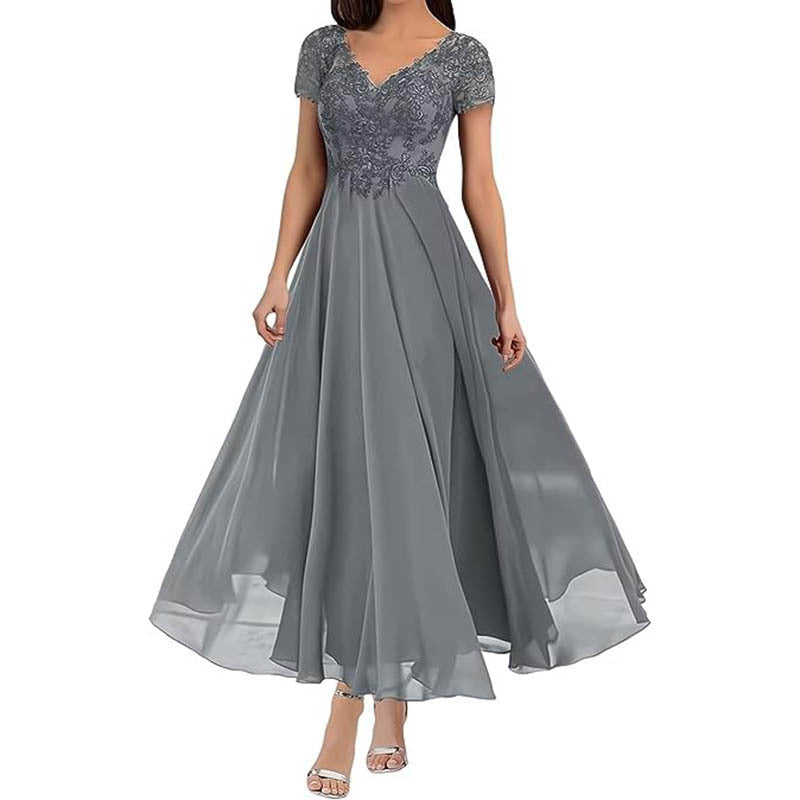 CD | Rochie maxi pentru femei - corset din dantelă - decolteu în V - mâneci scurte - fustă fluidă - ținută formală