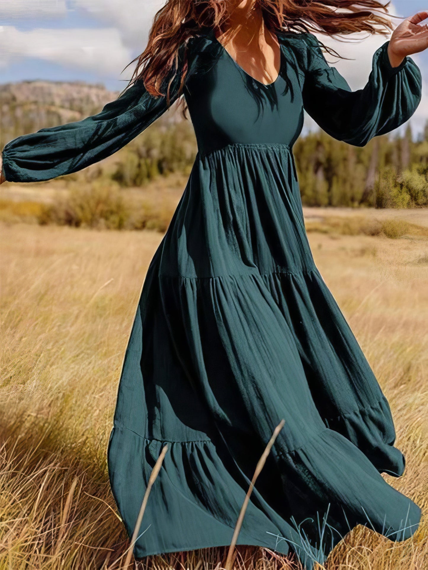 CD Temperament V-Neck Long Sleeve Flowing Dress