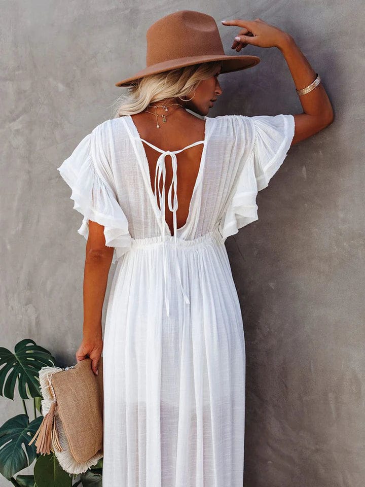 CD | Rochie maxi pentru femei - Amestec de bumbac - Croială fluidă - Mâneci bufante - Gât în V stil boho