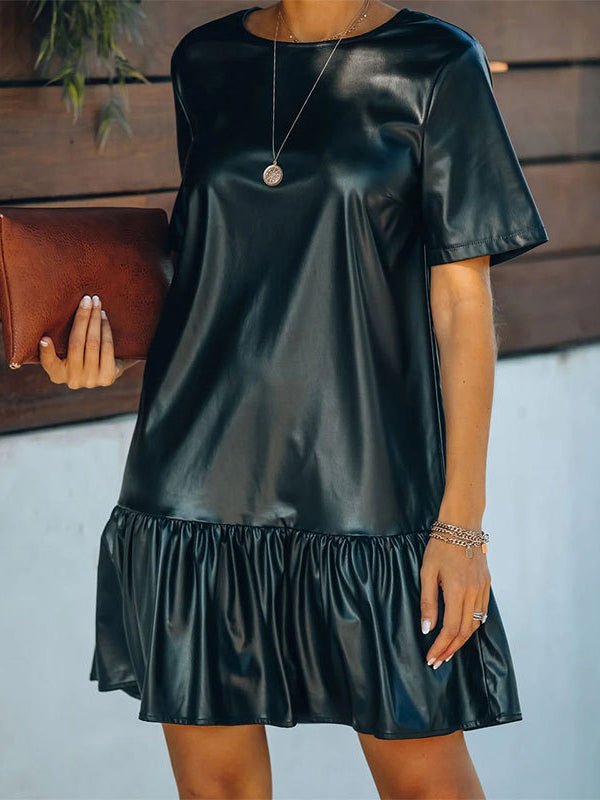CD | Rochie mini din piele artificială cu volane și mâneci scurte