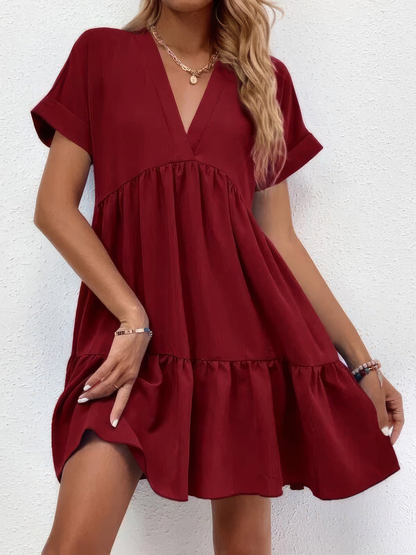 CD | Solid V-neck cu mânecă scurtă rochie mini