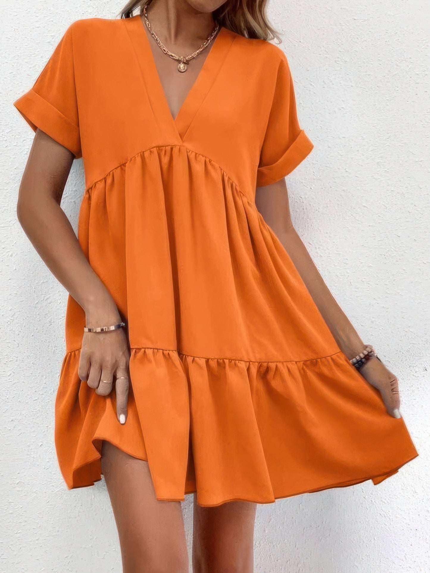 CD | Solid V-neck cu mânecă scurtă rochie mini