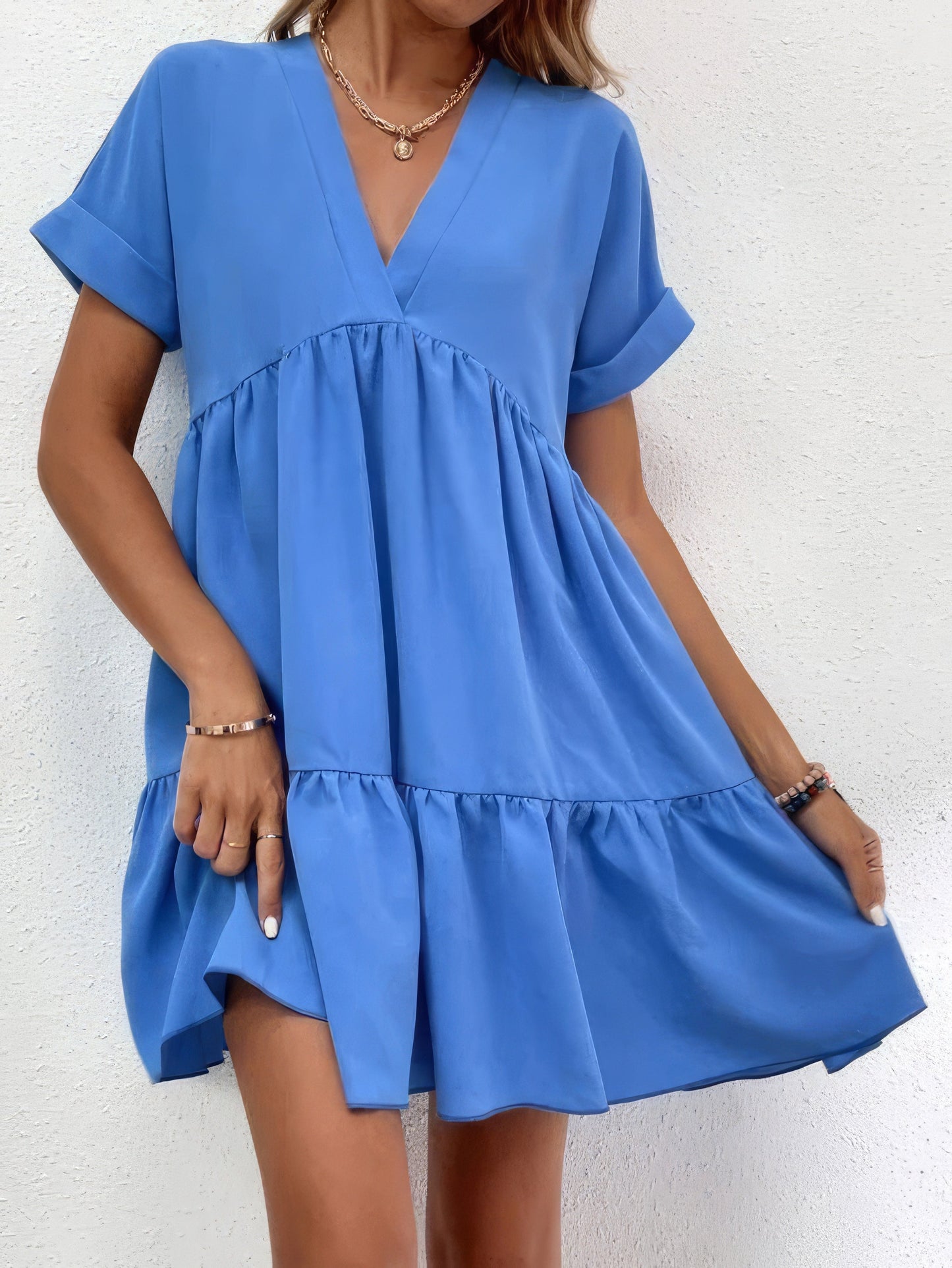 CD | Solid V-neck cu mânecă scurtă rochie mini