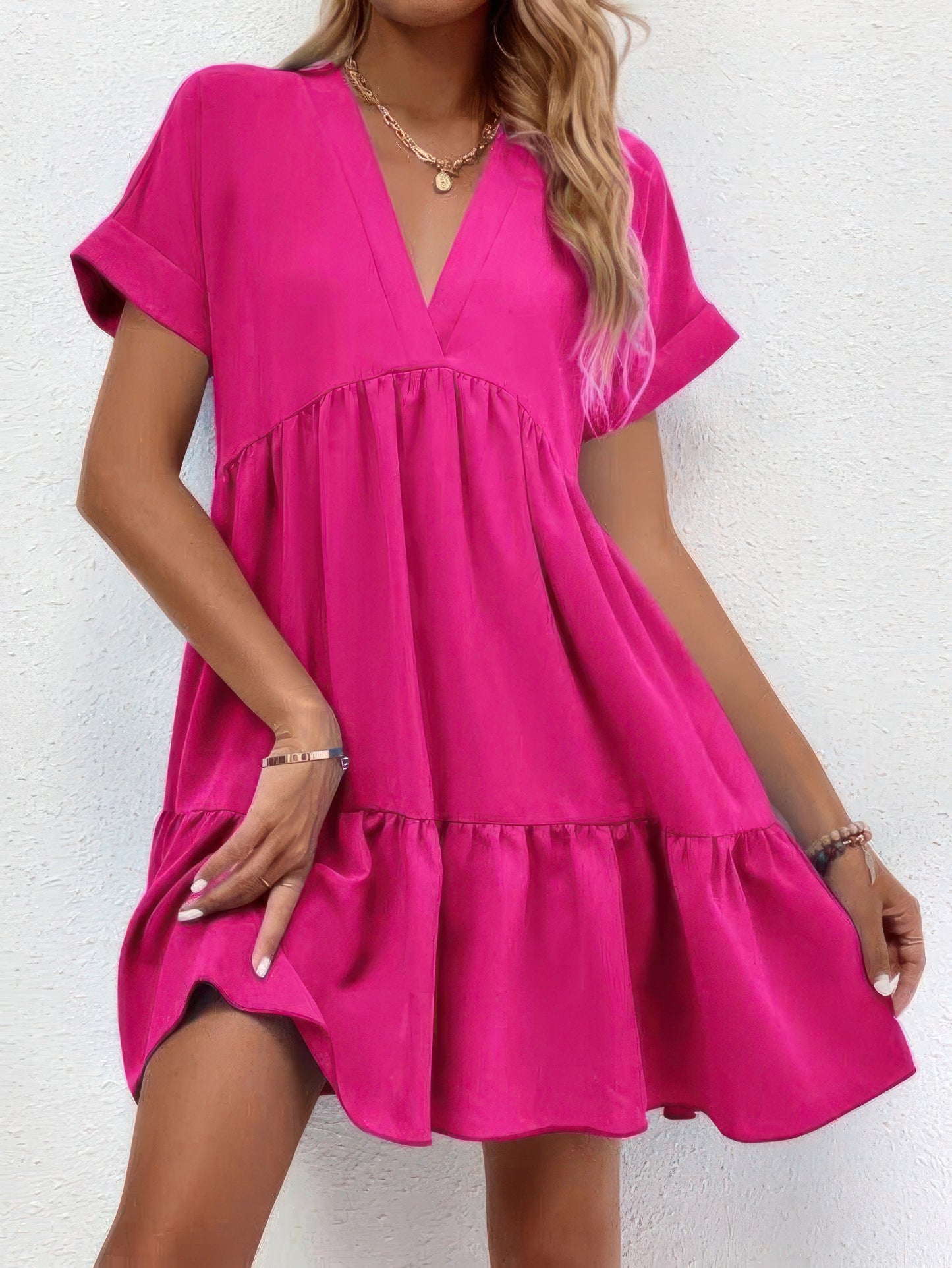CD | Solid V-neck cu mânecă scurtă rochie mini