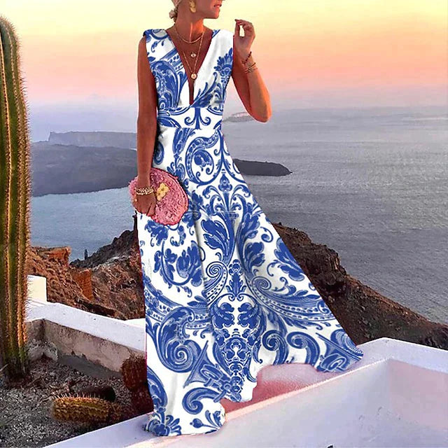 CD | Rochie maxi pentru femei - Croială fluidă - Fără mâneci - Decolteu adânc în V - Imprimeu floral îndrăzneț - Amestec respirabil