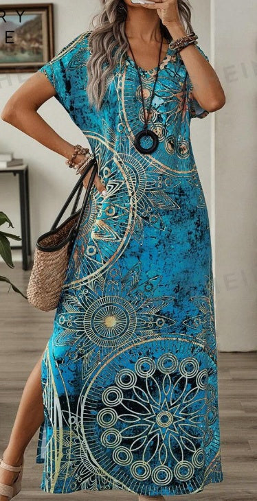 CD | Femei Vintage Floral Print V-Neck Batwing Sleeve Casual Rochie de vara Maxi Femei Rochii Rochie lunga