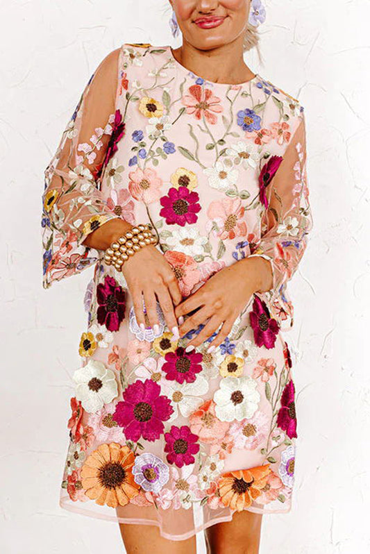 CD | Dahlia Dreaming brodate florale Appliqué jumătate maneca Mini rochie